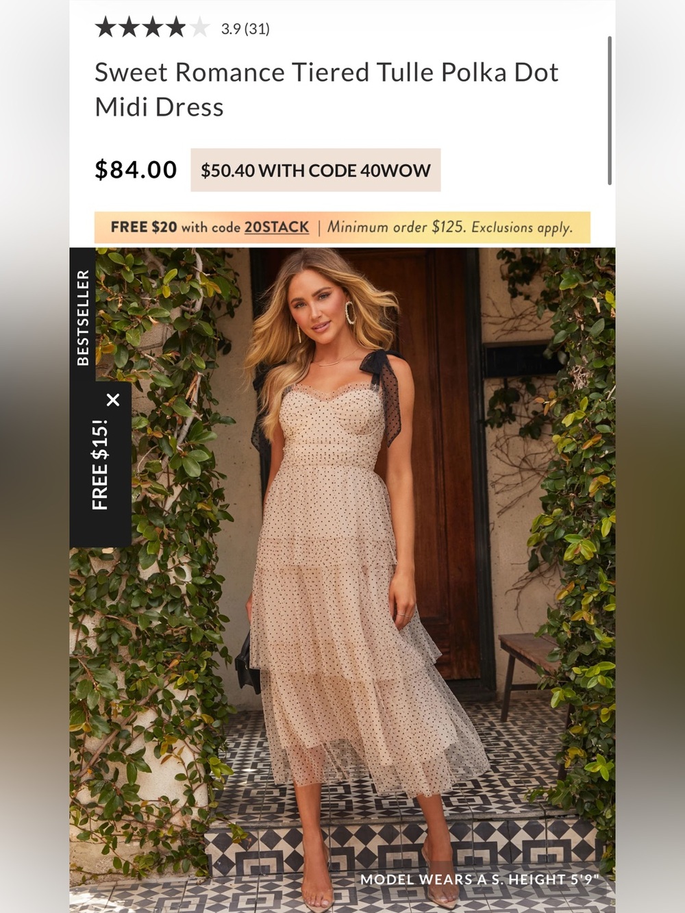 Vici Nude Tulle Polka Dot Midi Dress with Black Tie Straps